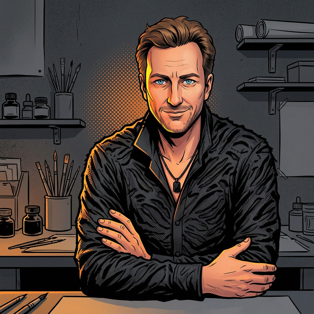 Sebastian Eisenbürger mit verschränkten Armen im Comic-Stil
